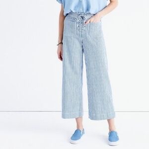 Madewell Blue Lace-up Wide Leg Cropped Pants Poppy Stripe Size 8
